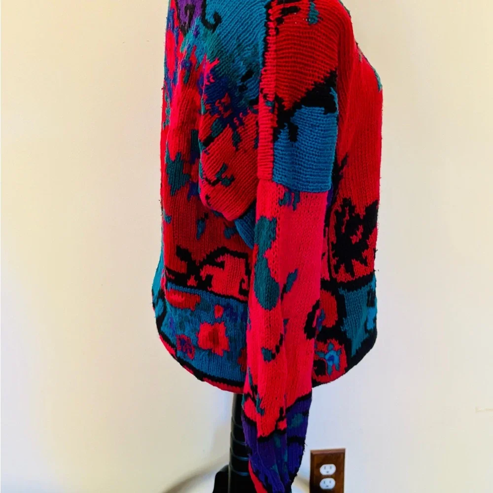 Vintage 80s Needleworks Sz L Floral Hand Knit Women's Sweater - Picture 4 of 10